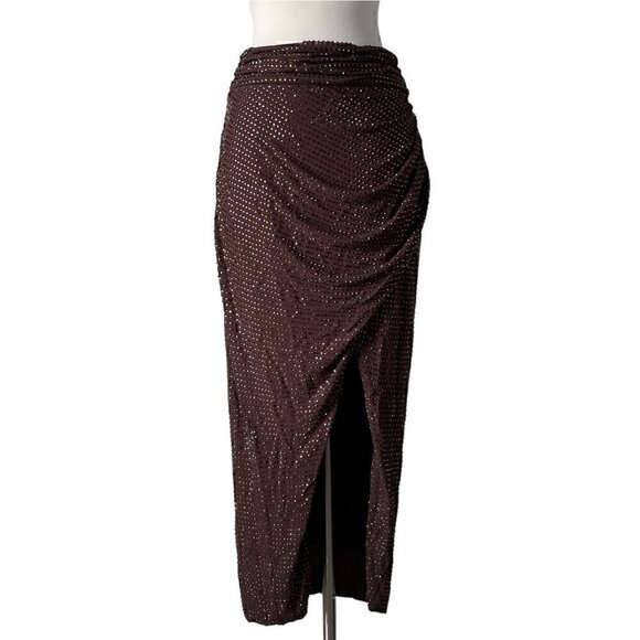Self-Portrait Rhinestone Midi Skirt Brown Crystal Draped Front Size 4 - Picture 8 of 8